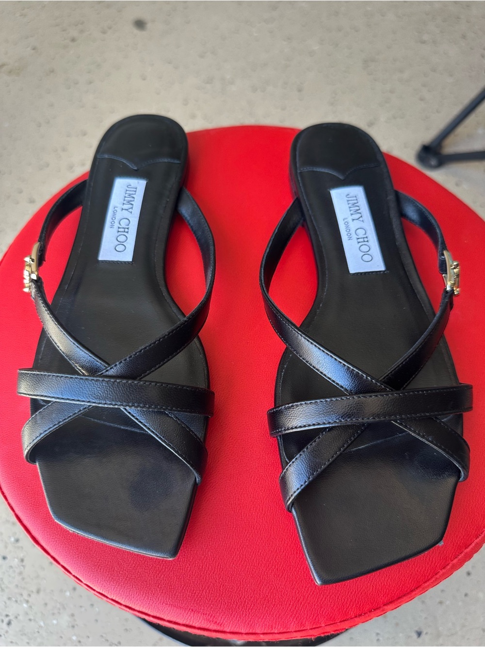 Jimmy Choo Black Leather Crisscross Strap Slide Sandals